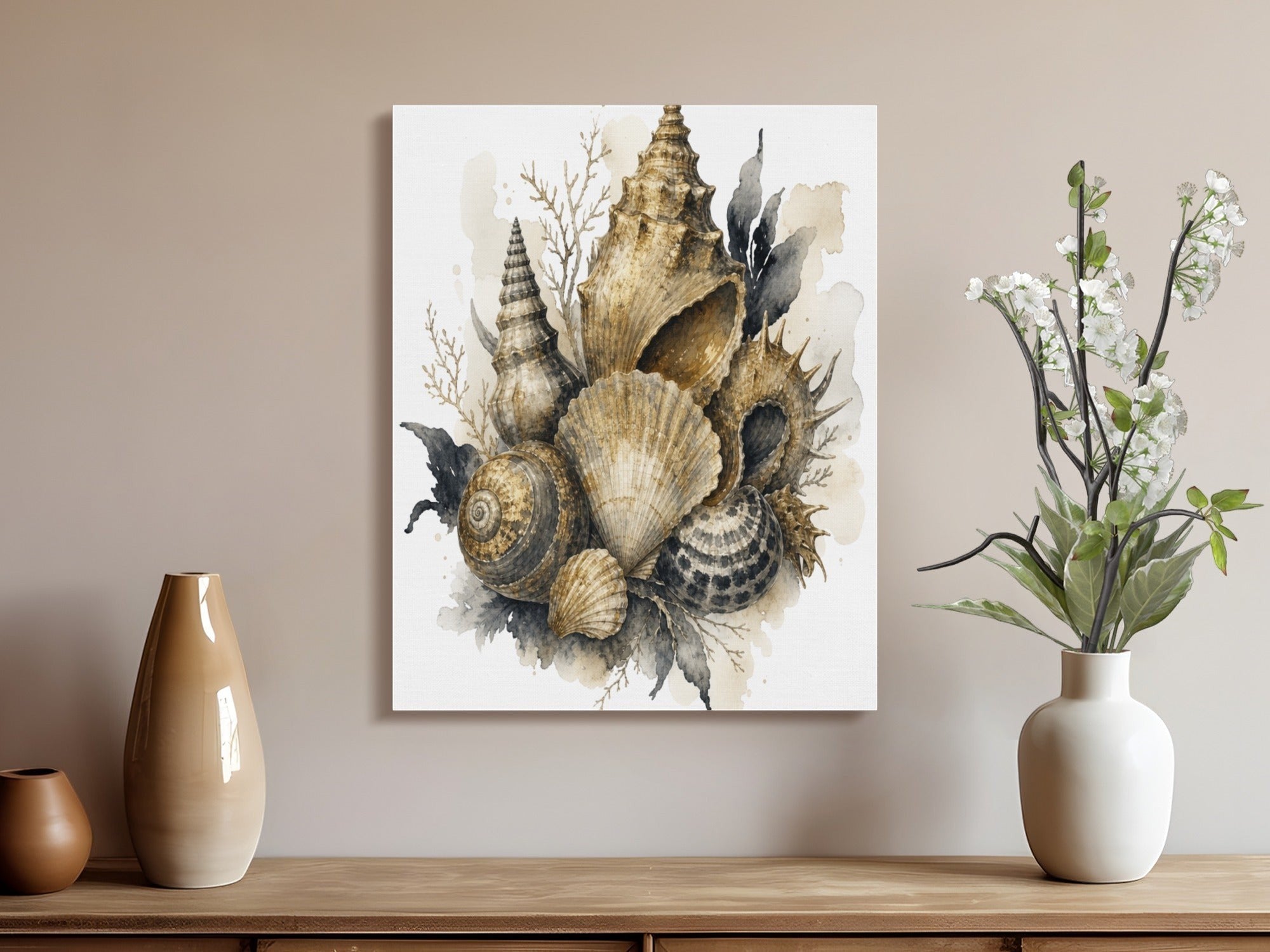 Oso Caribeño watercolor seashell canvas art print featuring neutral tones on a wall above a wooden console table.