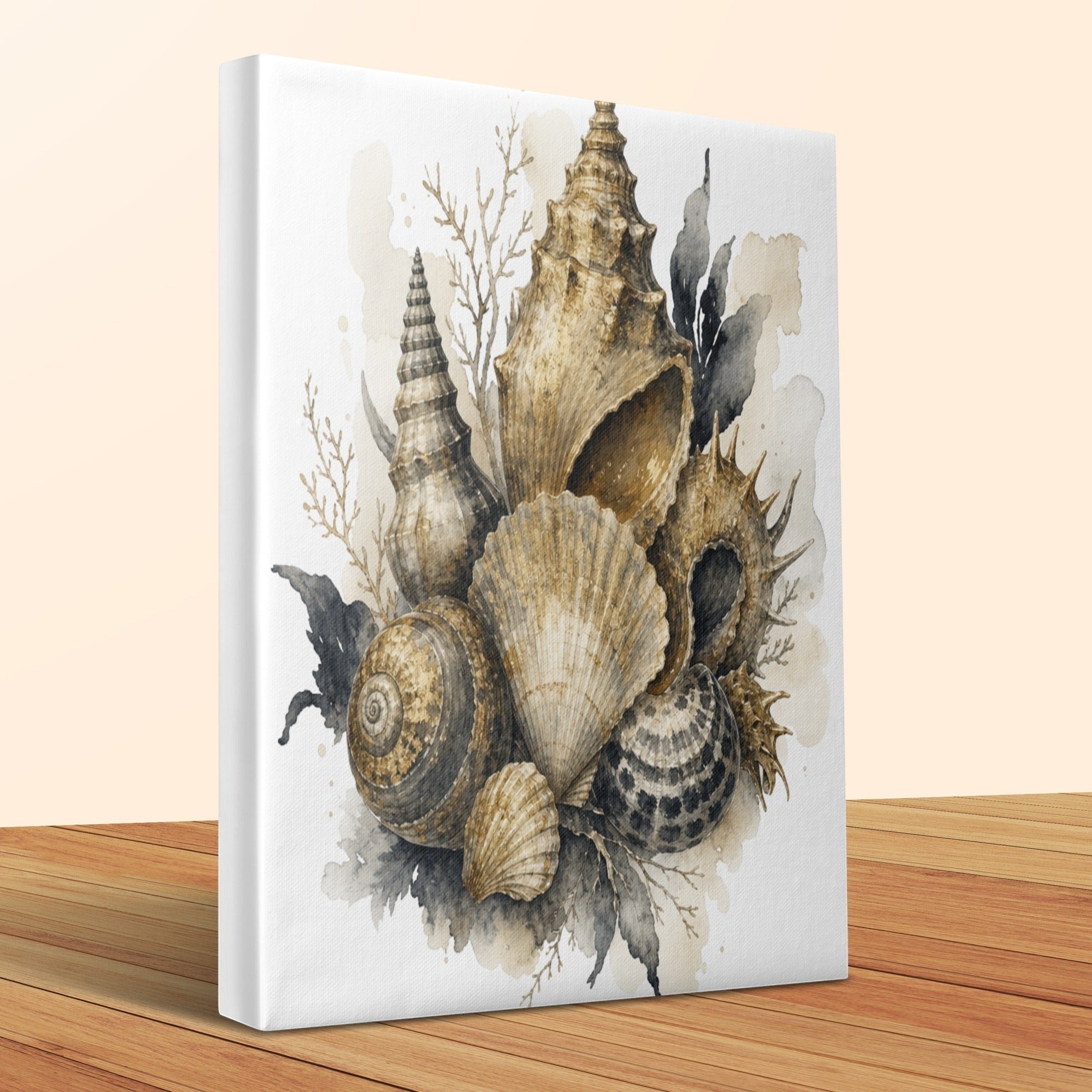 Oso Caribeño watercolor seashell canvas print featuring neutral tones on a satin finish gallery wrap.