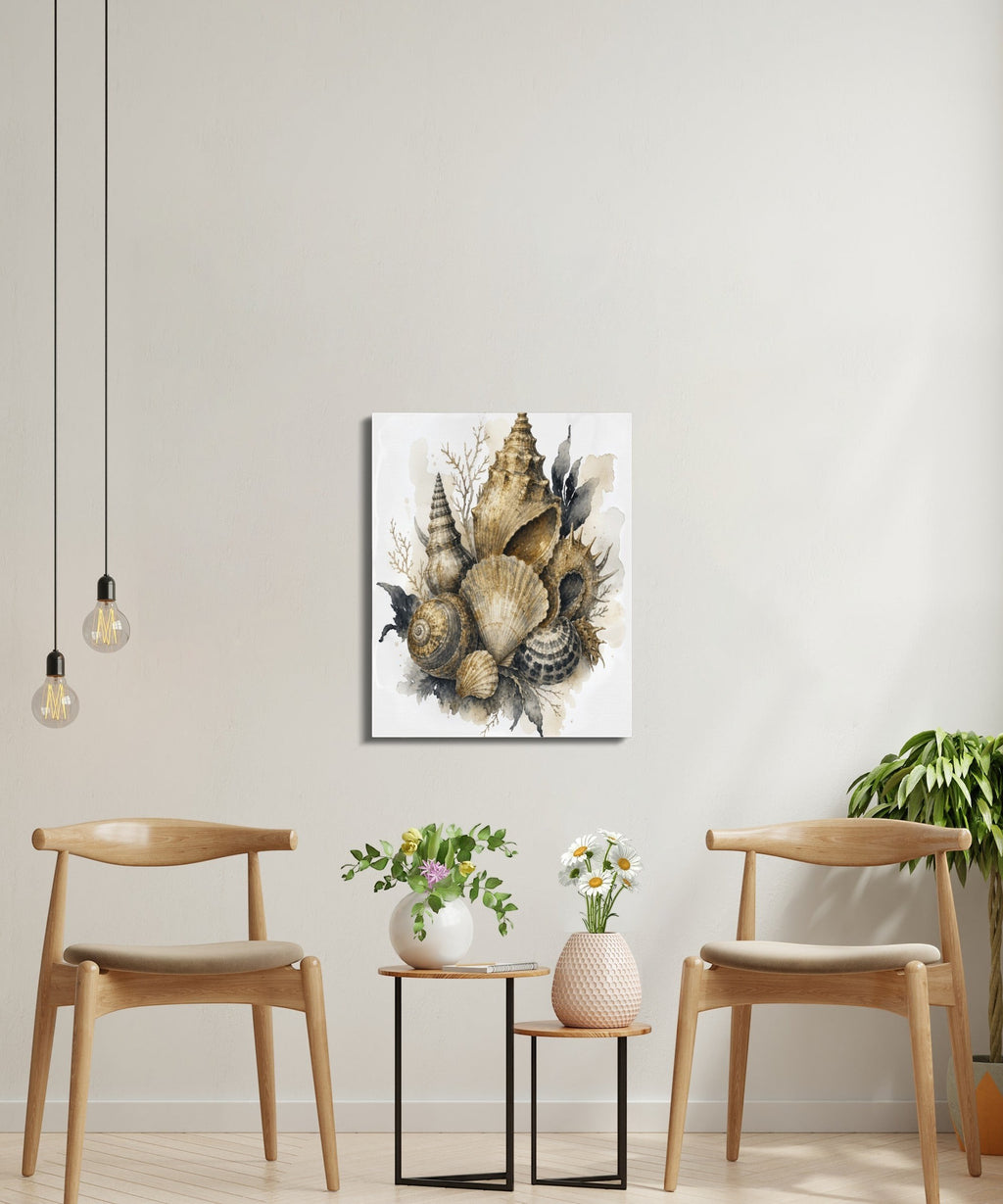 Oso Caribeño watercolor seashell canvas wall art hanging in a modern living room with wooden chairs and plants.