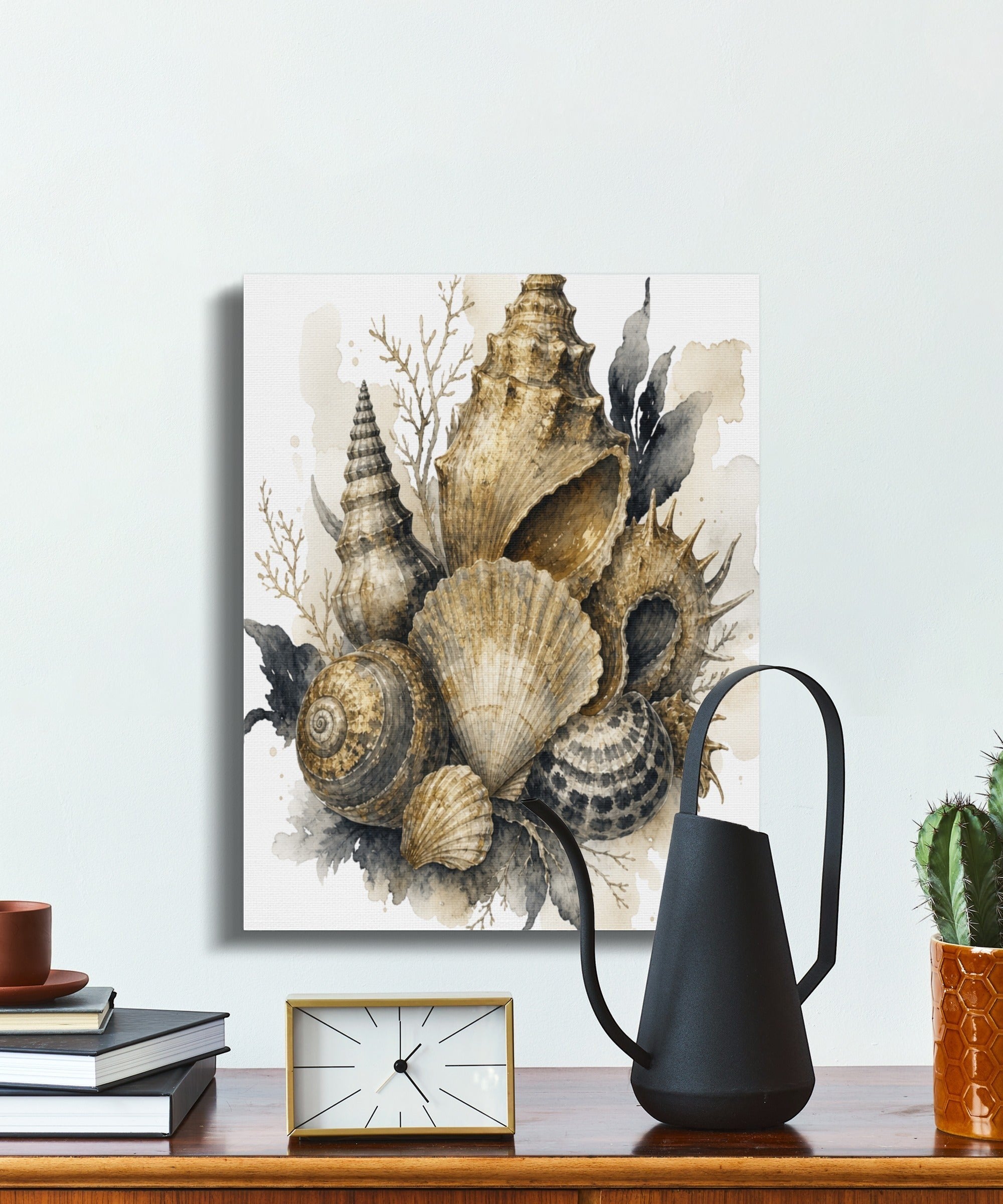 Oso Caribeño watercolor seashell canvas wall art featuring neutral tones on a wooden frame in a modern home setting.