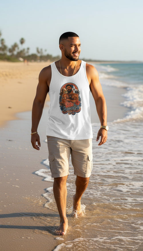 Oso Caribeño white tank top with retro Dominican Soul graphic on a man walking along a sunny beach.